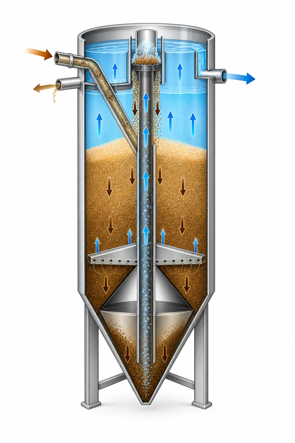 Continuous sand filter cutaway showing upward filtration, downward sand movement and central airlift washing