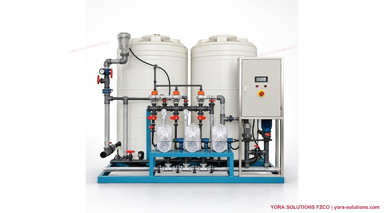 Chemical dosing skid with solution tanks and controls presented by YORA Solutions FZCO.